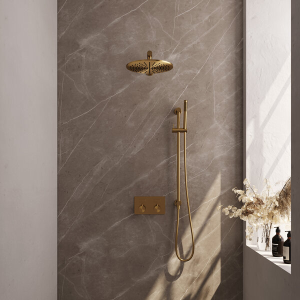 Brauer Brauer Gold Editon Regendoucheset:  Thermostatische Inbouwkraan met Drukknoppen, Rechte Wandarm, Douchekop 30cm, Glijstang met Wateruitlaat, Staafhanddouche & Doucheslang - Set 62 - Draaiknoppen - PVD - Geborsteld Goud