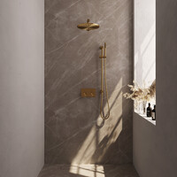Brauer Brauer Gold Editon Regendoucheset:  Thermostatische Inbouwkraan met Drukknoppen, Rechte Wandarm, Douchekop 30cm, Glijstang met Wateruitlaat, Staafhanddouche & Doucheslang - Set 62 - Draaiknoppen - PVD - Geborsteld Goud