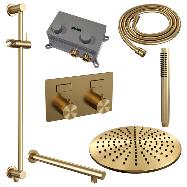 Brauer Brauer Gold Editon Regendoucheset:  Thermostatische Inbouwkraan met Drukknoppen, Rechte Wandarm, Douchekop Ø30cm, Glijstang met Wateruitlaat, Staafhanddouche & Doucheslang - Set 62 - Draaiknoppen - PVD - Geborsteld Goud