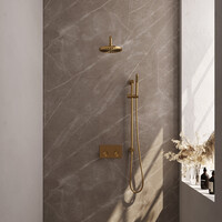 Brauer Brauer Gold Editon Regendoucheset:  Thermostatische Inbouwkraan met Drukknoppen, Gebogen Wandarm, Douchekop 20cm, Glijstang met Wateruitlaat, Staafhanddouche & Doucheslang - Set 63 - Draaiknoppen - PVD - Geborsteld Goud