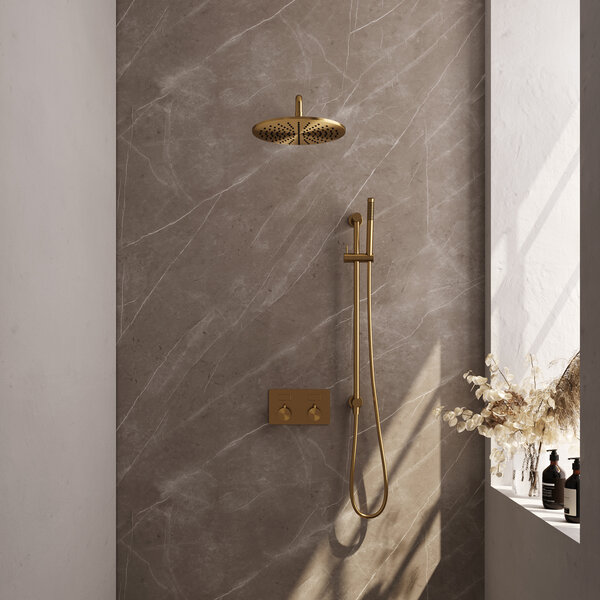 Brauer Brauer Gold Editon Regendoucheset:  Thermostatische Inbouwkraan met Drukknoppen, Gebogen Wandarm, Douchekop 30cm, Glijstang met Wateruitlaat, Staafhanddouche & Doucheslang - Set 64 - Draaiknoppen - PVD - Geborsteld Goud