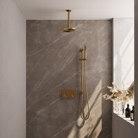 Brauer Brauer Gold Editon Regendoucheset:  Thermostatische Inbouwkraan met Drukknoppen, Plafondarm, Douchekop 20cm, Glijstang met Wateruitlaat, Staafhanddouche & Doucheslang - Set 65 - Draaiknoppen - PVD - Geborsteld Goud