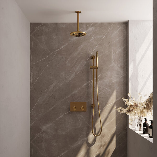 Brauer Brauer Gold Editon Regendoucheset:  Thermostatische Inbouwkraan met Drukknoppen, Plafondarm, Douchekop 20cm, Glijstang met Wateruitlaat, Staafhanddouche & Doucheslang - Set 65 - Draaiknoppen - PVD - Geborsteld Goud