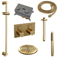 Brauer Brauer Gold Editon Regendoucheset:  Thermostatische Inbouwkraan met Drukknoppen, Plafondarm, Douchekop 20cm, Glijstang met Wateruitlaat, Staafhanddouche & Doucheslang - Set 65 - Draaiknoppen - PVD - Geborsteld Goud