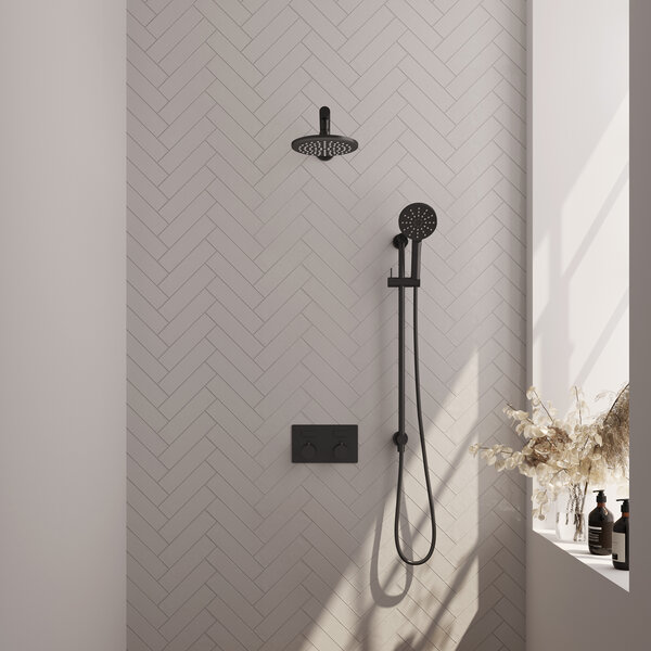 Brauer Brauer Black Editon Regendoucheset:  Thermostatische Inbouwkraan met Drukknoppen, Rechte Wandarm, Douchekop 20cm, Glijstang met Wateruitlaat, 3-Standen Handdouche & Doucheslang - Set 67 - Draaiknoppen - Mat Zwart