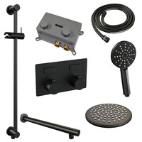 Brauer Brauer Black Editon Regendoucheset:  Thermostatische Inbouwkraan met Drukknoppen, Rechte Wandarm, Douchekop 20cm, Glijstang met Wateruitlaat, 3-Standen Handdouche & Doucheslang - Set 67 - Draaiknoppen - Mat Zwart