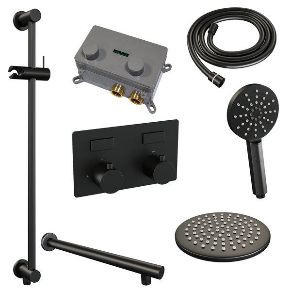 Brauer Brauer Black Editon Regendoucheset:  Thermostatische Inbouwkraan met Drukknoppen, Rechte Wandarm, Douchekop 20cm, Glijstang met Wateruitlaat, 3-Standen Handdouche & Doucheslang - Set 67 - Draaiknoppen - Mat Zwart