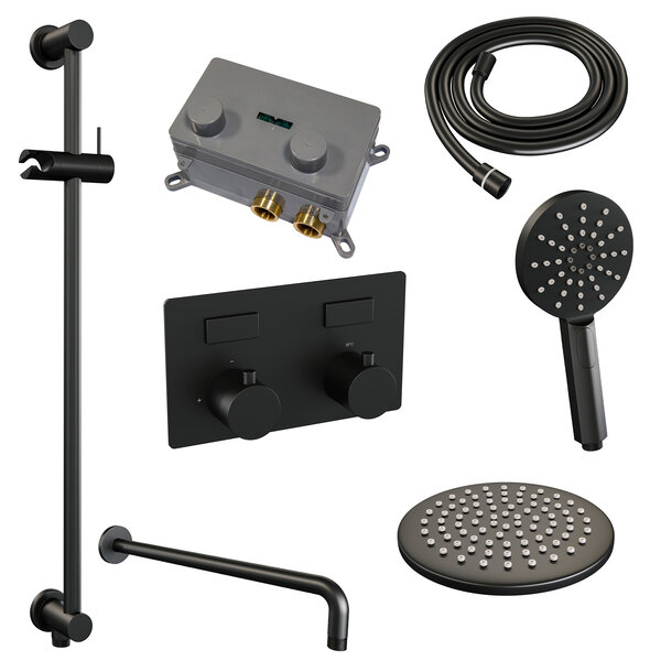 Brauer Brauer Black Editon Regendoucheset:  Thermostatische Inbouwkraan met Drukknoppen, Gebogen Wandarm, Douchekop 20cm, Glijstang met Wateruitlaat, 3-Standen Handdouche & Doucheslang - Set 69 - Draaiknoppen - Mat Zwart