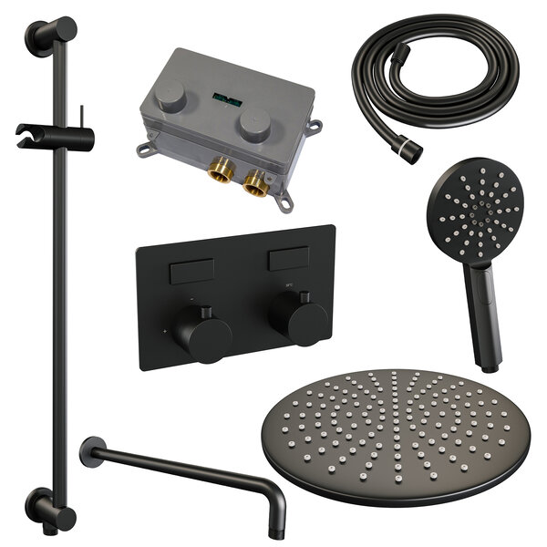 Brauer Brauer Black Editon Regendoucheset:  Thermostatische Inbouwkraan met Drukknoppen, Gebogen Wandarm, Douchekop 30cm, Glijstang met Wateruitlaat, 3-Standen Handdouche & Doucheslang - Set 70 - Draaiknoppen - Mat Zwart
