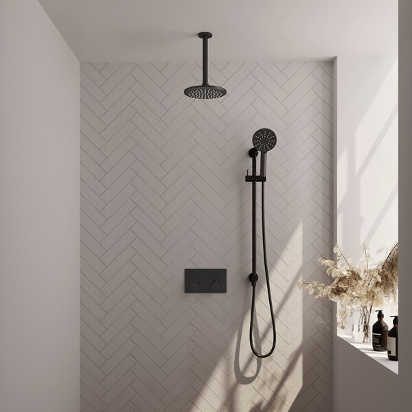 Brauer Brauer Black Editon Regendoucheset:  Thermostatische Inbouwkraan met Drukknoppen, Plafondarm, Douchekop 20cm, Glijstang met Wateruitlaat, 3-Standen Handdouche & Doucheslang - Set 71 - Draaiknoppen - Mat Zwart