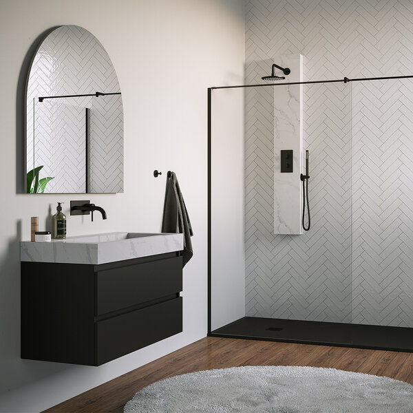 Brauer Brauer Gold Calacatta Douchepaneel met Regendoucheset: Thermostatische Inbouwkraan, 2-Weg Omstel, Gebogen Wandarm, Douchekop 20cm, Wandhouder met Wateruitlaat, Staafhanddouche & Doucheslang - Mat Zwart