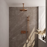 Brauer Brauer Copper Editon Regendoucheset:  Thermostatische Inbouwkraan met Drukknoppen, Plafondarm, Douchekop 30cm, Glijstang met Wateruitlaat, Staafhanddouche & Doucheslang - Set 66 - Draaiknoppen - PVD - Geborsteld Koper