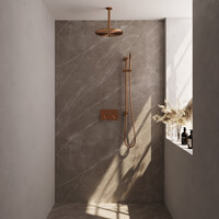 Brauer Brauer Copper Editon Regendoucheset:  Thermostatische Inbouwkraan met Drukknoppen, Plafondarm, Douchekop 30cm, Glijstang met Wateruitlaat, Staafhanddouche & Doucheslang - Set 66 - Draaiknoppen - PVD - Geborsteld Koper