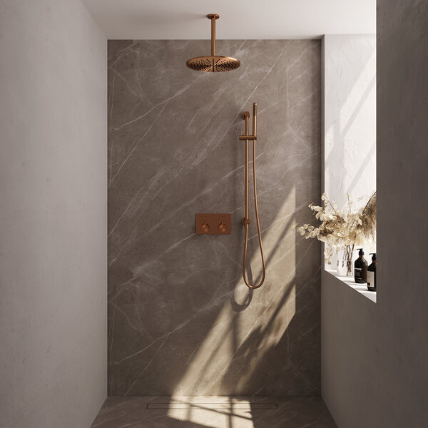 Brauer Brauer Copper Editon Regendoucheset:  Thermostatische Inbouwkraan met Drukknoppen, Plafondarm, Douchekop 30cm, Glijstang met Wateruitlaat, Staafhanddouche & Doucheslang - Set 66 - Draaiknoppen - PVD - Geborsteld Koper