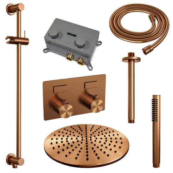 Brauer Brauer Copper Editon Regendoucheset:  Thermostatische Inbouwkraan met Drukknoppen, Plafondarm, Douchekop 30cm, Glijstang met Wateruitlaat, Staafhanddouche & Doucheslang - Set 66 - Draaiknoppen - PVD - Geborsteld Koper