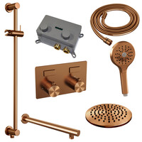 Brauer Brauer Copper Editon Regendoucheset:  Thermostatische Inbouwkraan met Drukknoppen, Rechte Wandarm, Douchekop 20cm, Glijstang met Wateruitlaat, 3-Standen Handdouche & Doucheslang - Set 67 - Draaiknoppen - PVD - Geborsteld Koper