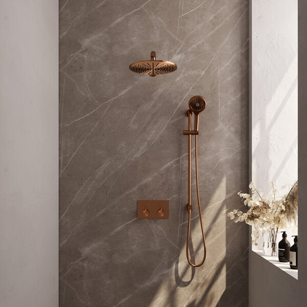 Brauer Brauer Copper Editon Regendoucheset:  Thermostatische Inbouwkraan met Drukknoppen, Rechte Wandarm, Douchekop 30cm, Glijstang met Wateruitlaat, 3-Standen Handdouche & Doucheslang - Set 68 - Draaiknoppen - PVD - Geborsteld Koper