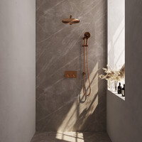 Brauer Brauer Copper Editon Regendoucheset:  Thermostatische Inbouwkraan met Drukknoppen, Rechte Wandarm, Douchekop 30cm, Glijstang met Wateruitlaat, 3-Standen Handdouche & Doucheslang - Set 68 - Draaiknoppen - PVD - Geborsteld Koper