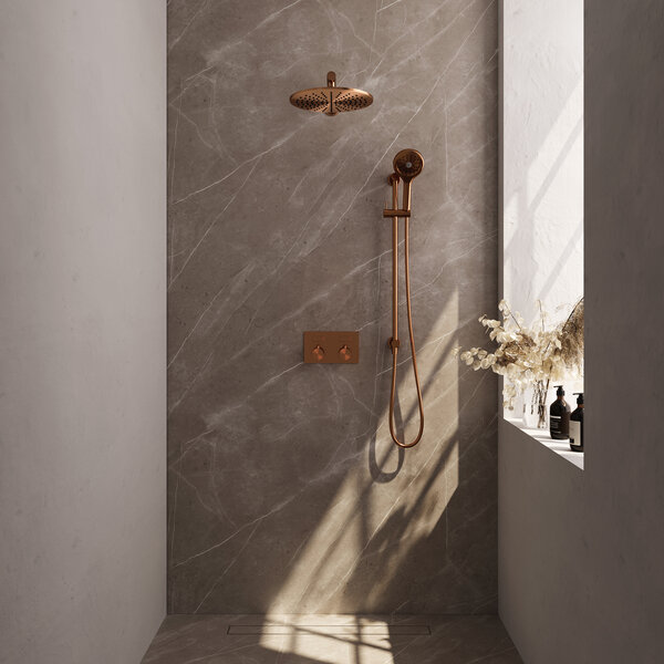 Brauer Brauer Copper Editon Regendoucheset:  Thermostatische Inbouwkraan met Drukknoppen, Rechte Wandarm, Douchekop 30cm, Glijstang met Wateruitlaat, 3-Standen Handdouche & Doucheslang - Set 68 - Draaiknoppen - PVD - Geborsteld Koper