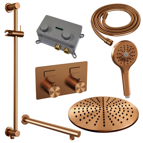 Brauer Brauer Copper Editon Regendoucheset:  Thermostatische Inbouwkraan met Drukknoppen, Rechte Wandarm, Douchekop 30cm, Glijstang met Wateruitlaat, 3-Standen Handdouche & Doucheslang - Set 68 - Draaiknoppen - PVD - Geborsteld Koper