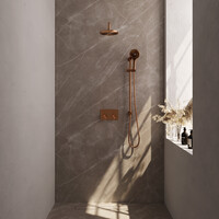 Brauer Brauer Copper Editon Regendoucheset:  Thermostatische Inbouwkraan met Drukknoppen, Gebogen Wandarm, Douchekop 20cm, Glijstang met Wateruitlaat, 3-Standen Handdouche & Doucheslang - Set 69 - Draaiknoppen - PVD - Geborsteld Koper