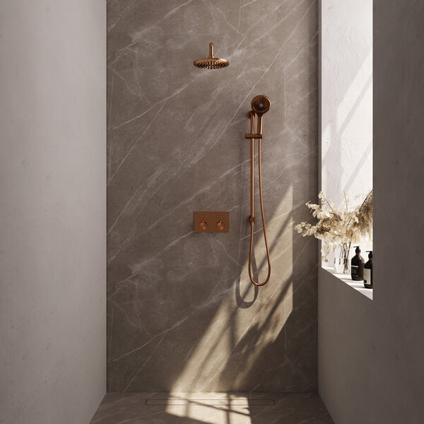 Brauer Brauer Copper Editon Regendoucheset:  Thermostatische Inbouwkraan met Drukknoppen, Gebogen Wandarm, Douchekop 20cm, Glijstang met Wateruitlaat, 3-Standen Handdouche & Doucheslang - Set 69 - Draaiknoppen - PVD - Geborsteld Koper