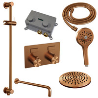 Brauer Brauer Copper Editon Regendoucheset:  Thermostatische Inbouwkraan met Drukknoppen, Gebogen Wandarm, Douchekop 20cm, Glijstang met Wateruitlaat, 3-Standen Handdouche & Doucheslang - Set 69 - Draaiknoppen - PVD - Geborsteld Koper