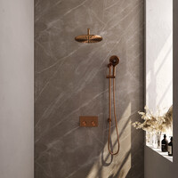 Brauer Brauer Copper Editon Regendoucheset:  Thermostatische Inbouwkraan met Drukknoppen, Gebogen Wandarm, Douchekop 30cm, Glijstang met Wateruitlaat, 3-Standen Handdouche & Doucheslang - Set 70 - Draaiknoppen - PVD - Geborsteld Koper