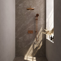 Brauer Brauer Copper Editon Regendoucheset:  Thermostatische Inbouwkraan met Drukknoppen, Gebogen Wandarm, Douchekop 30cm, Glijstang met Wateruitlaat, 3-Standen Handdouche & Doucheslang - Set 70 - Draaiknoppen - PVD - Geborsteld Koper
