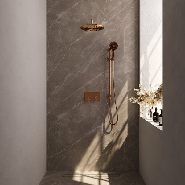 Brauer Brauer Copper Editon Regendoucheset:  Thermostatische Inbouwkraan met Drukknoppen, Gebogen Wandarm, Douchekop 30cm, Glijstang met Wateruitlaat, 3-Standen Handdouche & Doucheslang - Set 70 - Draaiknoppen - PVD - Geborsteld Koper