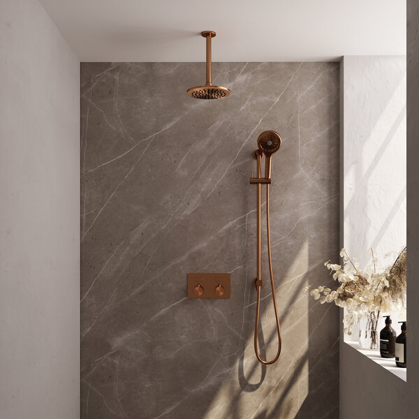 Brauer Brauer Copper Editon Regendoucheset:  Thermostatische Inbouwkraan met Drukknoppen, Plafondarm, Douchekop 20cm, Glijstang met Wateruitlaat, 3-Standen Handdouche & Doucheslang - Set 71 - Draaiknoppen - PVD - Geborsteld Koper