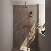Brauer Brauer Copper Editon Regendoucheset:  Thermostatische Inbouwkraan met Drukknoppen, Plafondarm, Douchekop 20cm, Glijstang met Wateruitlaat, 3-Standen Handdouche & Doucheslang - Set 71 - Draaiknoppen - PVD - Geborsteld Koper