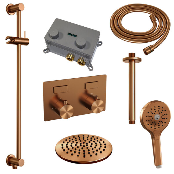 Brauer Brauer Copper Editon Regendoucheset:  Thermostatische Inbouwkraan met Drukknoppen, Plafondarm, Douchekop Ø20cm, Glijstang met Wateruitlaat, 3-Standen Handdouche & Doucheslang - Set 71 - Draaiknoppen - PVD - Geborsteld Koper