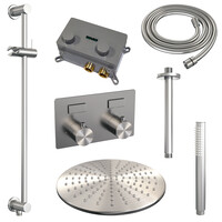Brauer Brauer Brushed Editon Regendoucheset:  Thermostatische Inbouwkraan met Drukknoppen, Plafondarm, Douchekop 30cm, Glijstang met Wateruitlaat, Staafhanddouche & Doucheslang - Set 66 - Draaiknoppen - PVD - Geborsteld RVS