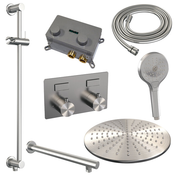 Brauer Brauer Brushed Editon Regendoucheset:  Thermostatische Inbouwkraan met Drukknoppen, Rechte Wandarm, Douchekop Ø30cm, Glijstang met Wateruitlaat, 3-Standen Handdouche & Doucheslang - Set 68 - Draaiknoppen - PVD - Geborsteld RVS