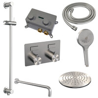 Brauer Brauer Brushed Editon Regendoucheset:  Thermostatische Inbouwkraan met Drukknoppen, Gebogen Wandarm, Douchekop 20cm, Glijstang met Wateruitlaat, 3-Standen Handdouche & Doucheslang - Set 69 - Draaiknoppen - PVD - Geborsteld RVS