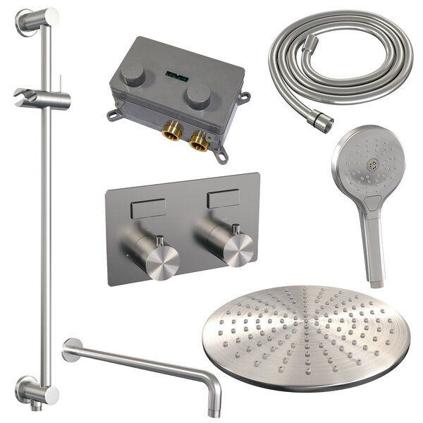 Brauer Brauer Brushed Editon Regendoucheset:  Thermostatische Inbouwkraan met Drukknoppen, Gebogen Wandarm, Douchekop Ø30cm, Glijstang met Wateruitlaat, 3-Standen Handdouche & Doucheslang - Set 70 - Draaiknoppen - PVD - Geborsteld RVS