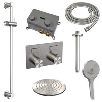 Brauer Brauer Brushed Editon Regendoucheset:  Thermostatische Inbouwkraan met Drukknoppen, Plafondarm, Douchekop 20cm, Glijstang met Wateruitlaat, 3-Standen Handdouche & Doucheslang - Set 71 - Draaiknoppen - PVD - Geborsteld RVS