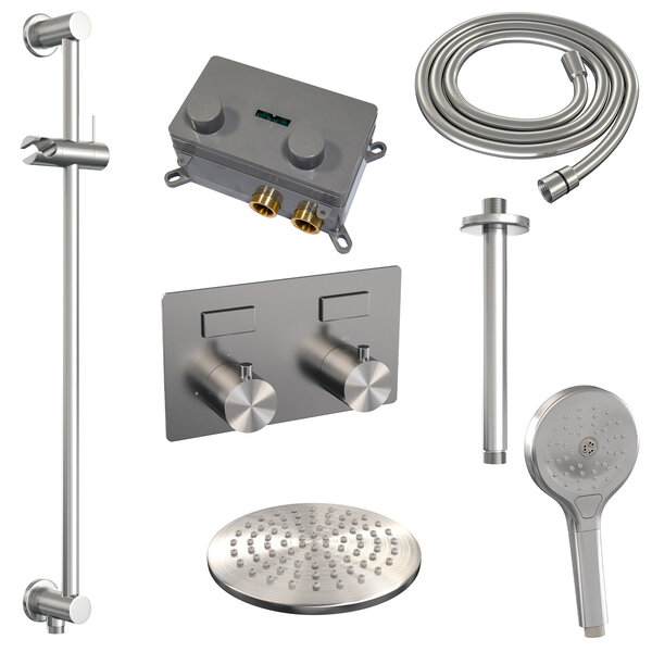Brauer Brauer Brushed Editon Regendoucheset:  Thermostatische Inbouwkraan met Drukknoppen, Plafondarm, Douchekop 20cm, Glijstang met Wateruitlaat, 3-Standen Handdouche & Doucheslang - Set 71 - Draaiknoppen - PVD - Geborsteld RVS
