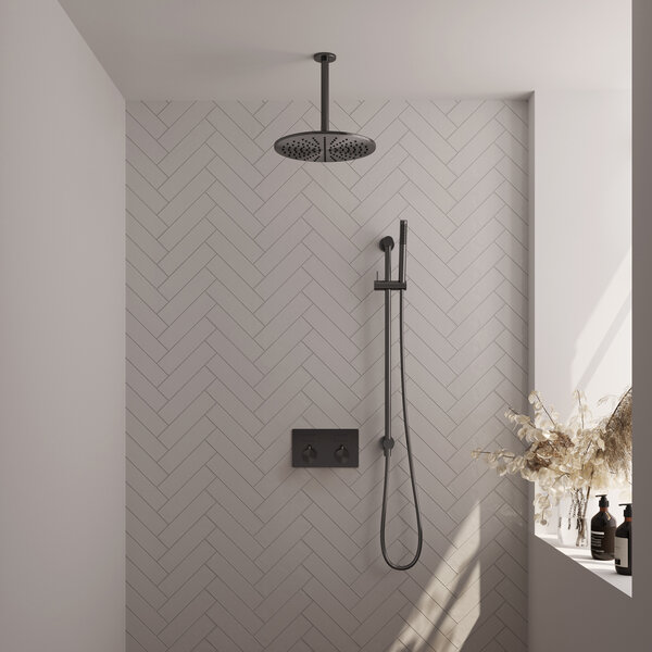 Brauer Brauer Gunmetal Editon Regendoucheset:  Thermostatische Inbouwkraan met Drukknoppen, Plafondarm, Douchekop 30cm, Glijstang met Wateruitlaat, Staafhanddouche & Doucheslang - Set 66 - Draaiknoppen - PVD - Geborsteld Gunmetal
