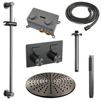 Brauer Brauer Gunmetal Editon Regendoucheset:  Thermostatische Inbouwkraan met Drukknoppen, Plafondarm, Douchekop 30cm, Glijstang met Wateruitlaat, Staafhanddouche & Doucheslang - Set 66 - Draaiknoppen - PVD - Geborsteld Gunmetal