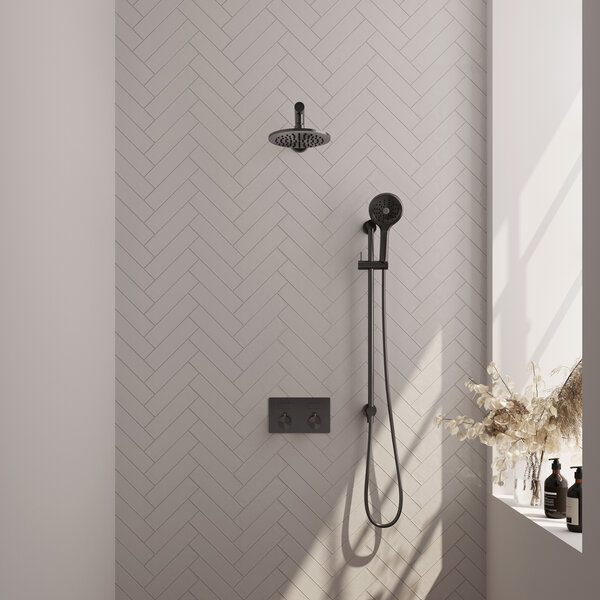 Brauer Brauer Gunmetal Editon Regendoucheset:  Thermostatische Inbouwkraan met Drukknoppen, Rechte Wandarm, Douchekop 20cm, Glijstang met Wateruitlaat, 3-Standen Handdouche & Doucheslang - Set 67 - Draaiknoppen - PVD - Geborsteld Gunmetal