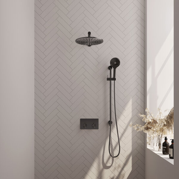 Brauer Brauer Gunmetal Editon Regendoucheset:  Thermostatische Inbouwkraan met Drukknoppen, Rechte Wandarm, Douchekop 30cm, Glijstang met Wateruitlaat, 3-Standen Handdouche & Doucheslang - Set 68 - Draaiknoppen - PVD - Geborsteld Gunmetal