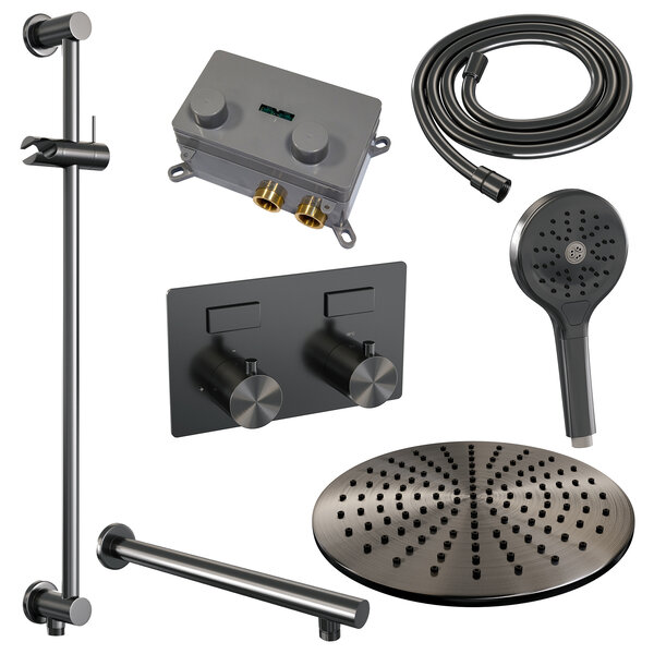 Brauer Brauer Gunmetal Editon Regendoucheset:  Thermostatische Inbouwkraan met Drukknoppen, Rechte Wandarm, Douchekop 30cm, Glijstang met Wateruitlaat, 3-Standen Handdouche & Doucheslang - Set 68 - Draaiknoppen - PVD - Geborsteld Gunmetal