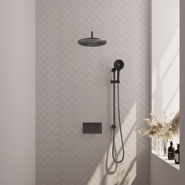 Brauer Brauer Gunmetal Editon Regendoucheset:  Thermostatische Inbouwkraan met Drukknoppen, Gebogen Wandarm, Douchekop 30cm, Glijstang met Wateruitlaat, 3-Standen Handdouche & Doucheslang - Set 70 - Draaiknoppen - PVD - Geborsteld Gunmetal