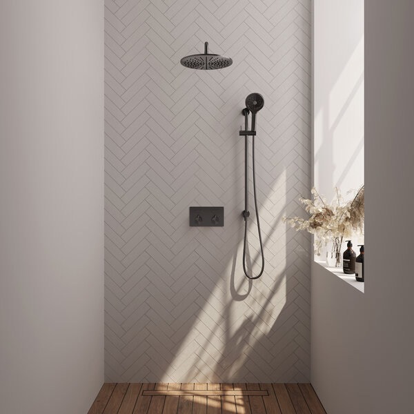 Brauer Brauer Gunmetal Editon Regendoucheset:  Thermostatische Inbouwkraan met Drukknoppen, Gebogen Wandarm, Douchekop 30cm, Glijstang met Wateruitlaat, 3-Standen Handdouche & Doucheslang - Set 70 - Draaiknoppen - PVD - Geborsteld Gunmetal
