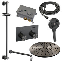 Brauer Brauer Gunmetal Editon Regendoucheset:  Thermostatische Inbouwkraan met Drukknoppen, Gebogen Wandarm, Douchekop 30cm, Glijstang met Wateruitlaat, 3-Standen Handdouche & Doucheslang - Set 70 - Draaiknoppen - PVD - Geborsteld Gunmetal