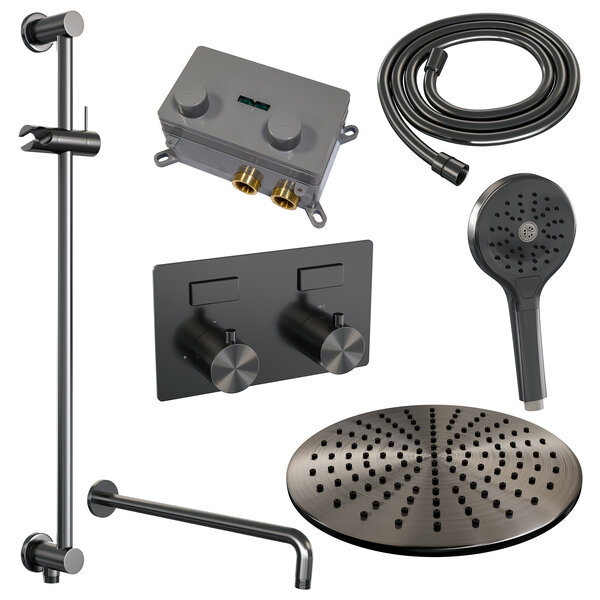 Brauer Brauer Gunmetal Editon Regendoucheset:  Thermostatische Inbouwkraan met Drukknoppen, Gebogen Wandarm, Douchekop 30cm, Glijstang met Wateruitlaat, 3-Standen Handdouche & Doucheslang - Set 70 - Draaiknoppen - PVD - Geborsteld Gunmetal