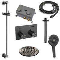 Brauer Brauer Gunmetal Editon Regendoucheset:  Thermostatische Inbouwkraan met Drukknoppen, Plafondarm, Douchekop 20cm, Glijstang met Wateruitlaat, 3-Standen Handdouche & Doucheslang - Set 71 - Draaiknoppen - PVD - Geborsteld Gunmetal