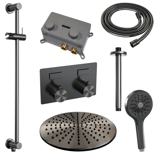 Brauer Brauer Gunmetal Editon Regendoucheset:  Thermostatische Inbouwkraan met Drukknoppen, Plafondarm, Douchekop Ø30cm, Glijstang met Wateruitlaat, 3-Standen Handdouche & Doucheslang - Set 72 - Draaiknoppen - PVD - Geborsteld Gunmetal